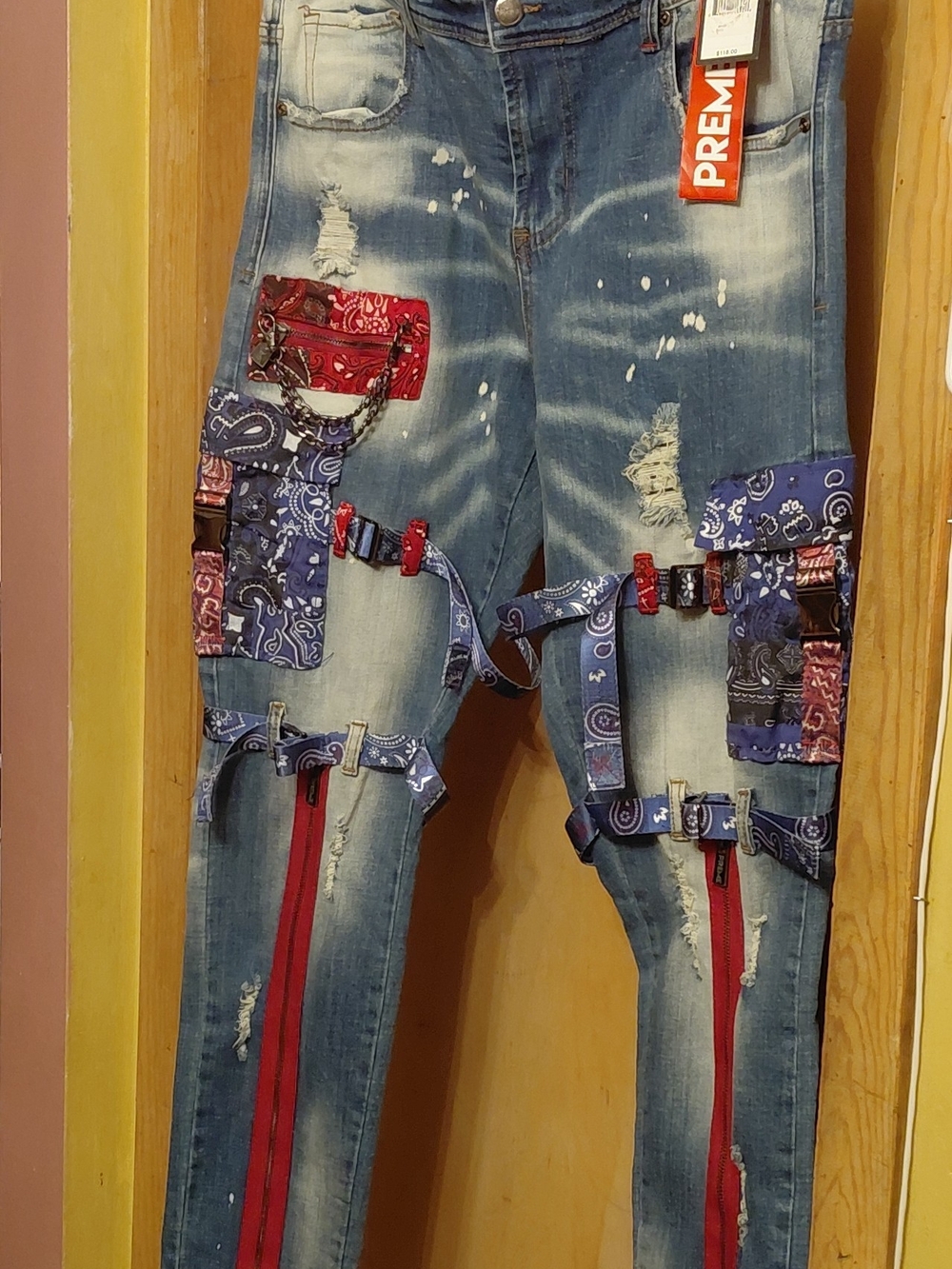 NWT PREME *Supreme Blue Patchwork Bandana Skinny Jeans with Red Zips 36"x33"